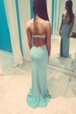 Real Sexy Long Front Split Light Sky Blue Open Back Prom Dresses HZ0527