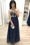 A Line Dark Blue Long Prom Dresses, Sequins Sleeveless Evening Dress HZ0527