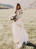 A Line Long Sleeve Lace Appliqued Ivory Beach Wedding Dress HZ0527