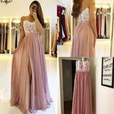 Promfast Spaghetti Strap Dusty Pink Appliques Prom Dresses with Slit Lace Bodice HZ0527