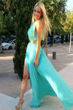 Chiffon Halter Front Split Simple Cheap Long Prom Dresses HZ0527