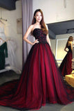 Burgundy Lace Tulle A Line Strapless Long Prom Dress HZ0527