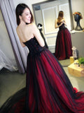 Burgundy Lace Tulle A Line Strapless Long Prom Dress HZ0527
