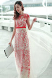 Real Pretty Long Elegant High Low Short Sleeves Simple Prom Dresses HZ0527