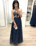 A Line Dark Blue Long Prom Dresses, Sequins Sleeveless Evening Dress HZ0527