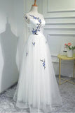 Simple Women Fashion White Embroidery Tulle Long Prom Evening Dresses HZ0527