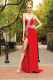 Front Split One Shoulder Red Beading Long Backless Prom Dresses HZ0527