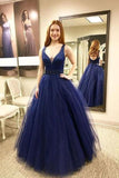 Fashion Blue Long V neck Tulle Puffy A Line Prom Dress HZ0527