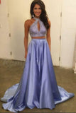 Two Piece Halter Keyhole Beaded Satin A Line Elegant Lavender Long Prom Dress HZ0527