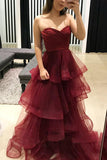 Burgundy Sweetheart Puffy Pleated Ruffles Long Prom Dresses HZ0527