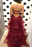 Burgundy Sweetheart Puffy Pleated Ruffles Long Prom Dresses HZ0527