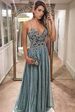 A-Line Spaghetti Straps Floor-Length Lace Formal Prom Dress with Beading HZ0527