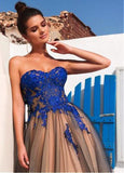 Modest Tulle Strapless A-line Long Prom Dresses With Lace Appliques HZ0527
