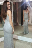 Shiny Mermaid Spaghetti Sheath Silver Long Sexy Prom Dresses HZ0527