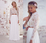 Two Pieces Long Sleeves Lace Beach Wedding/Bridal Dresses,Elegant White Sexy Wedding Gown HZ0527