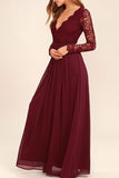 Lace Chiffon Bodice Burgundy Prom Dress,Long Simple Bridesmaid Dress with Long Sleeves HZ0527