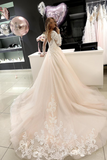 Promfast Long sleeve wedding dress Open back Sequins tulle A line wedding dress HZ0527