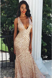 Sequin Backless Mermaid V-neck Rose Gold Prom Party Dress HZ0527