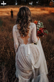 Promfast Polka Dot Long Sleeve Boho Wedding Dresses Lace Bohemian Backless Wedding Gown HZ0527