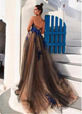 Modest Tulle Strapless A-line Long Prom Dresses With Lace Appliques HZ0527