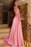 Gorgeous Satin Jewel A-Line Long Sleeves Pink Prom Dresses With Lace Appliques HZ0527