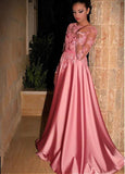 Gorgeous Satin Jewel A-Line Long Sleeves Pink Prom Dresses With Lace Appliques HZ0527