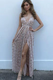 Sexy A-Line Spaghetti Straps Criss-Cross Pearl Pink Lace Prom Dress With Slit HZ0527