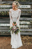 Long Sleeve Ivory Lace See Through Backless Beach Boho Wedding Dresses HZ0527
