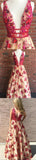 Beautiful V neck Beaded Long A-line Red Floral Prom Dress HZ0527