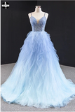 Promfast Cheap Long Light Blue Tulle Beaded Open Back Ruffles Prom Dress online HZ0527