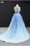 Promfast Cheap Long Light Blue Tulle Beaded Open Back Ruffles Prom Dress online HZ0527