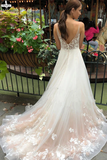 Promfast Tulle V Neck Embroidery Long Spaghetti Straps Wedding Dresses, Bridal Dresses HZ0527