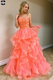Promfast Coral Backless Tulle Beaded Long Prom Gowns, Spaghetti Straps Layers Prom Dress HZ0527