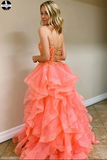 Promfast Coral Backless Tulle Beaded Long Prom Gowns, Spaghetti Straps Layers Prom Dress HZ0527