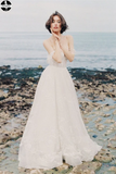 Promfast A-line Removable Spaghetti Straps Beach Wedding Dress Sweep/Brush Train White Lace Wedding Dresses HZ0527
