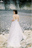 Promfast A-line Removable Spaghetti Straps Beach Wedding Dress Sweep/Brush Train White Lace Wedding Dresses HZ0527