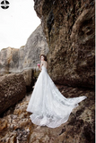Promfast A-line Removable Spaghetti Straps Beach Wedding Dress Sweep/Brush Train White Lace Wedding Dresses HZ0527