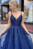 Promfast A Line V neck Lace Navy Blue Tulle Long Prom Dresses, Evening Dress HZ0527