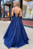 Promfast A Line V neck Lace Navy Blue Tulle Long Prom Dresses, Evening Dress HZ0527
