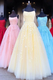 Promfast A Line Tulle Yellow Spaghetti Straps Prom Dresses with Appliques, Party Dress HZ0527