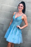 Promfast A Line V Neck Lace Appliques Tulle Sky Blue Homecoming Dress, Short Prom Dress With Straps HZ0527