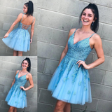 Promfast A Line V Neck Lace Appliques Tulle Sky Blue Homecoming Dress, Short Prom Dress With Straps HZ0527