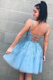 Promfast A Line V Neck Lace Appliques Tulle Sky Blue Homecoming Dress, Short Prom Dress With Straps HZ0527