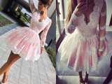 Promfast Cute A line Long Sleeves Pink Short Lace Appliques V Neck Homecoming Dress HZ0527