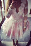 Promfast Cute A line Long Sleeves Pink Short Lace Appliques V Neck Homecoming Dress HZ0527