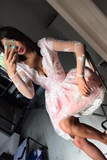 Promfast Cute A line Long Sleeves Pink Short Lace Appliques V Neck Homecoming Dress HZ0527
