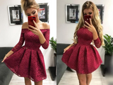 Promfast Cute Off the Shoulder Long Sleeves Burgundy Lace Homecoming Dresses Sweet 16 Dresses HZ0527