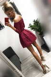 Promfast Cute Off the Shoulder Long Sleeves Burgundy Lace Homecoming Dresses Sweet 16 Dresses HZ0527