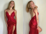 Promfast Shining Sequin Lace Spaghetti Straps V Neckline Sheath Prom Dresses HZ0527