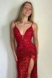Promfast Shining Sequin Lace Spaghetti Straps V Neckline Sheath Prom Dresses HZ0527